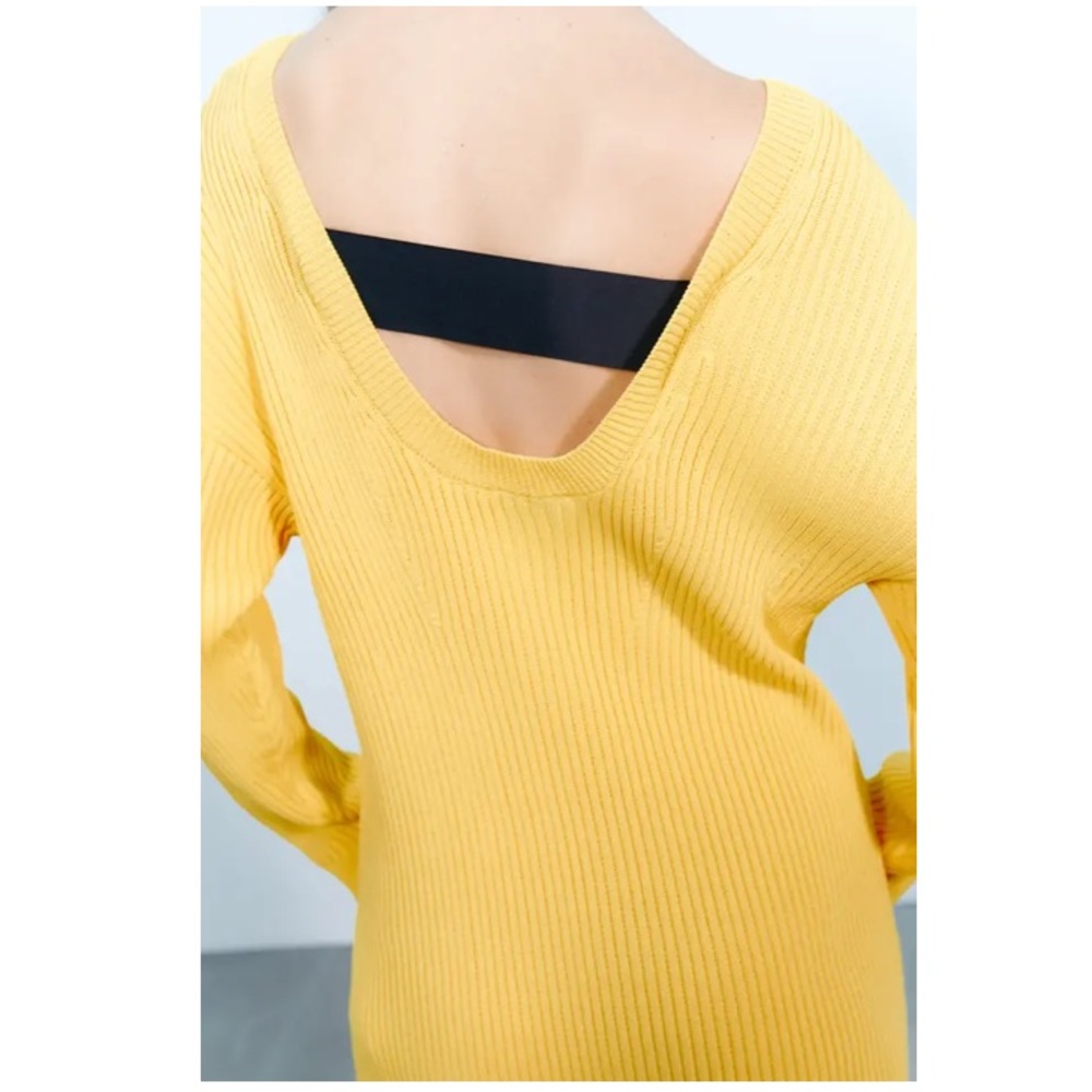 NWT Zara yellow ribbed sweater dress with black wide ribbon on back size S